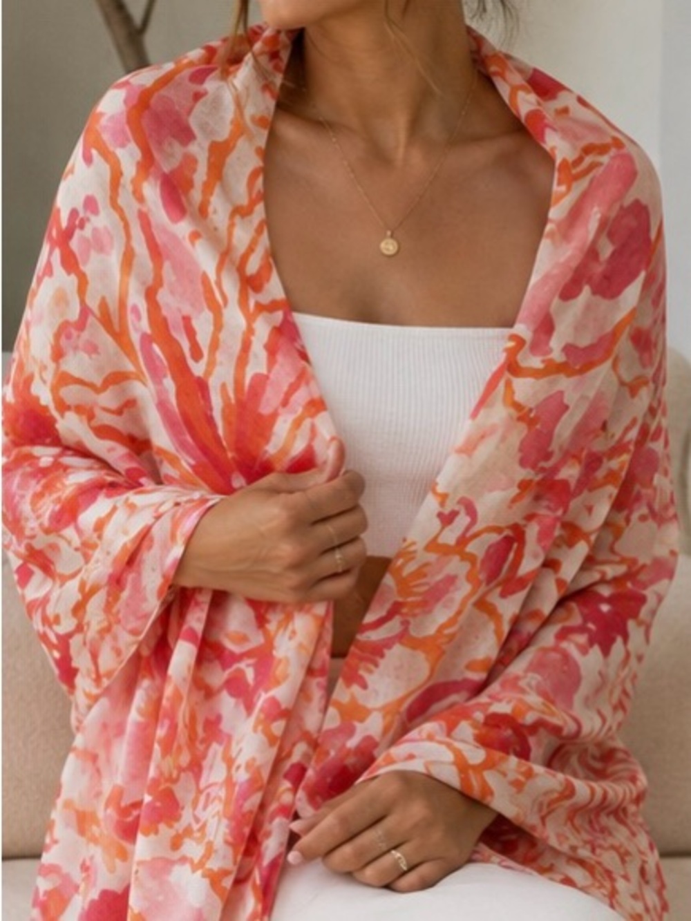 JANAVI | NEW Wool & Silk Watercolor Pink/White/Orange Floral Scarf Wrap OSFA